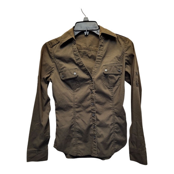 Express Tops - Express Women's Green Fitted Long Sleeve Button Down V-Neck Shirt - Size XS